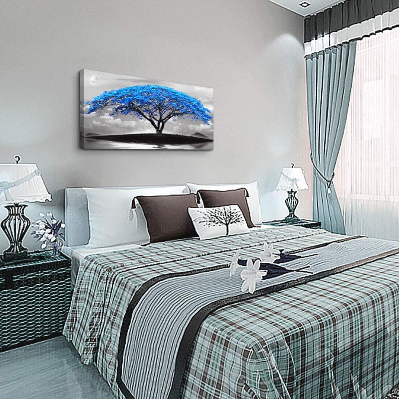 TTHYUEWS canvas wall art for living room bathroom Wall Decor Black and white landscape Blue tree moon painting to Hang Home Decorations for office bedroom kitchen Works canvas Prints pictures 24" x 48"inch - Image 3
